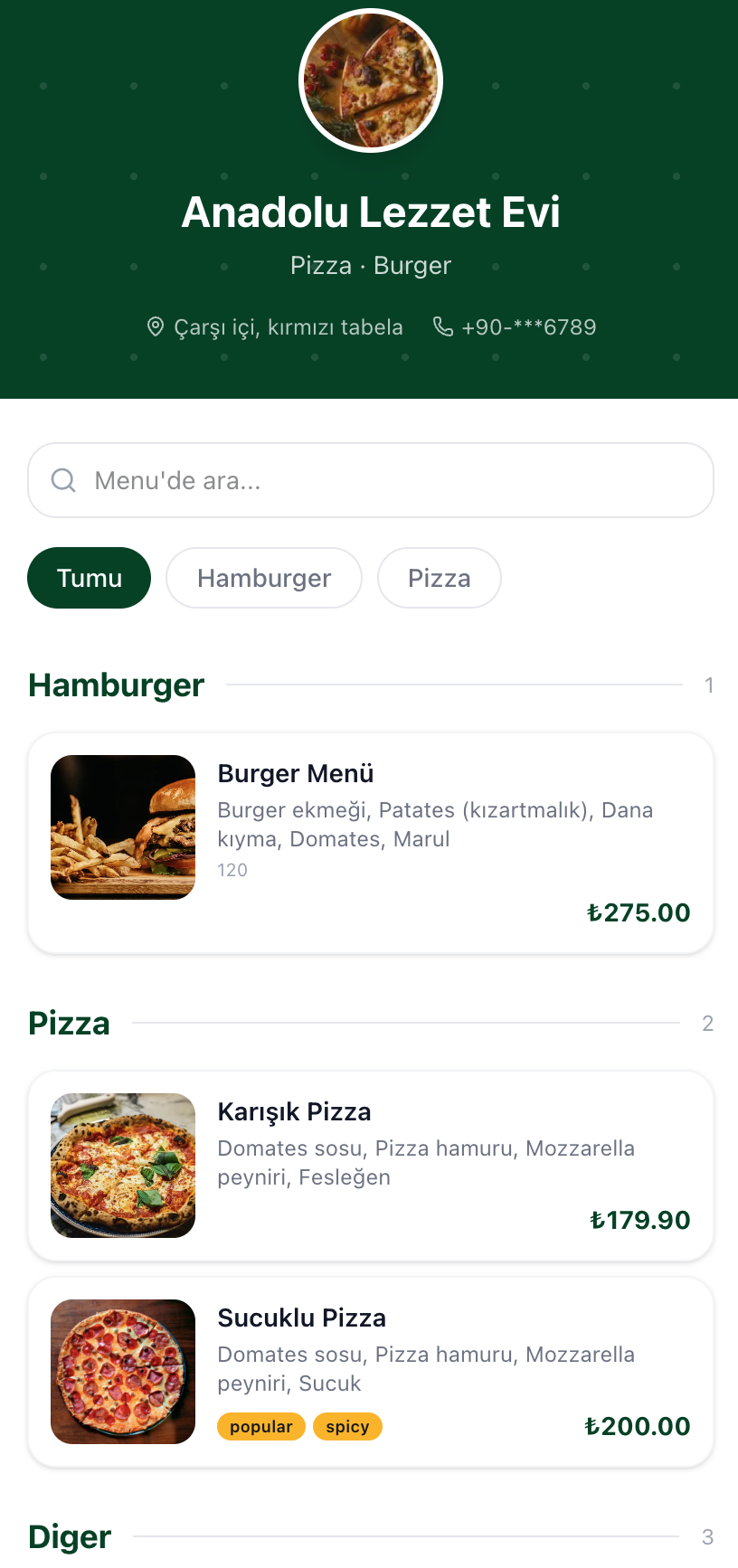 Doysana QR menü sistemi - masa üstü dijital menü görünümü