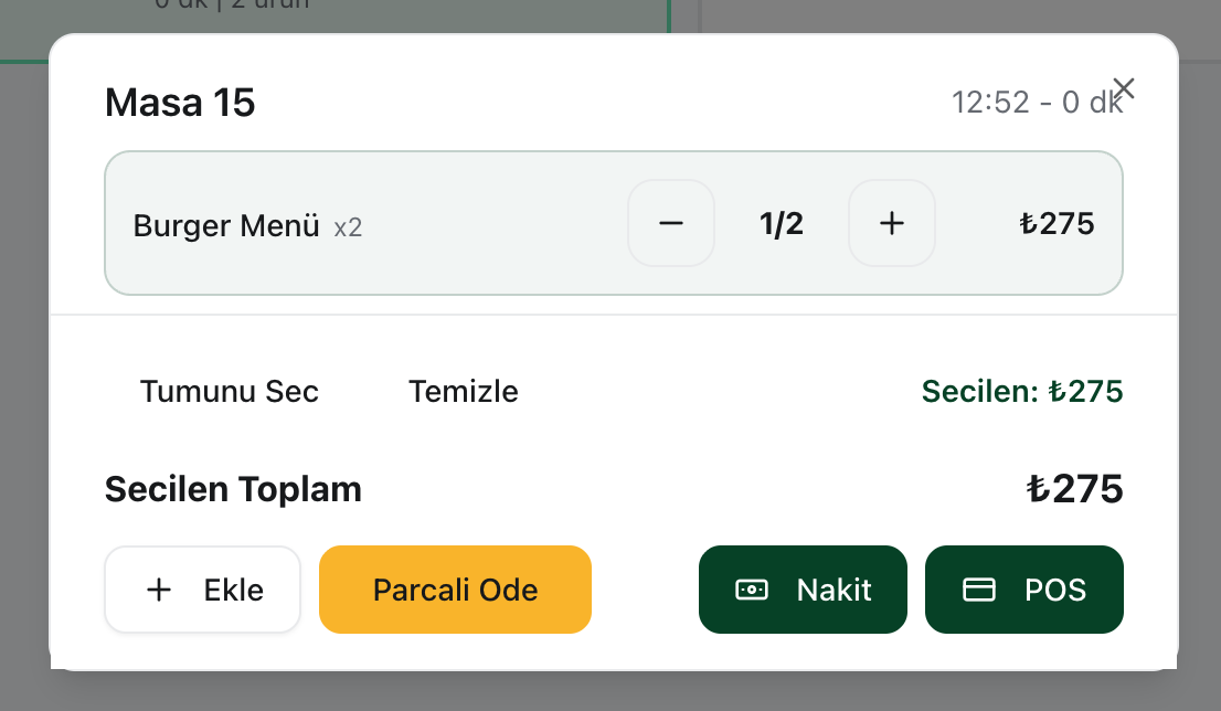 Doysana masa hesap kapatma ve adisyon yönetimi ekranı